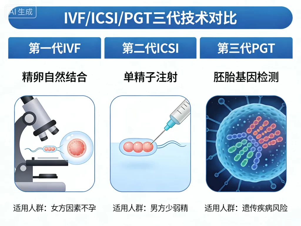 IVF/ICSI/PGT 三代技术对比示意图