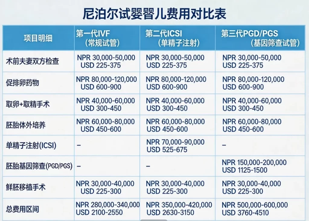 尼泊尔试管婴儿费用明细对比表