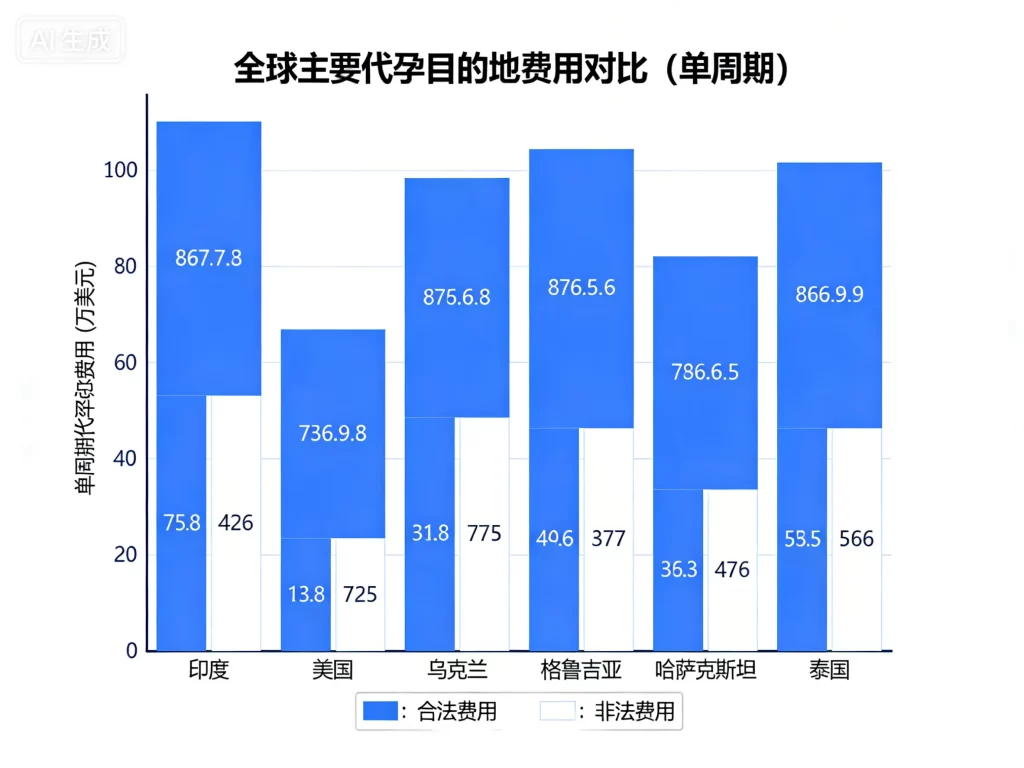 全球主要代孕目的地费用对比柱状图